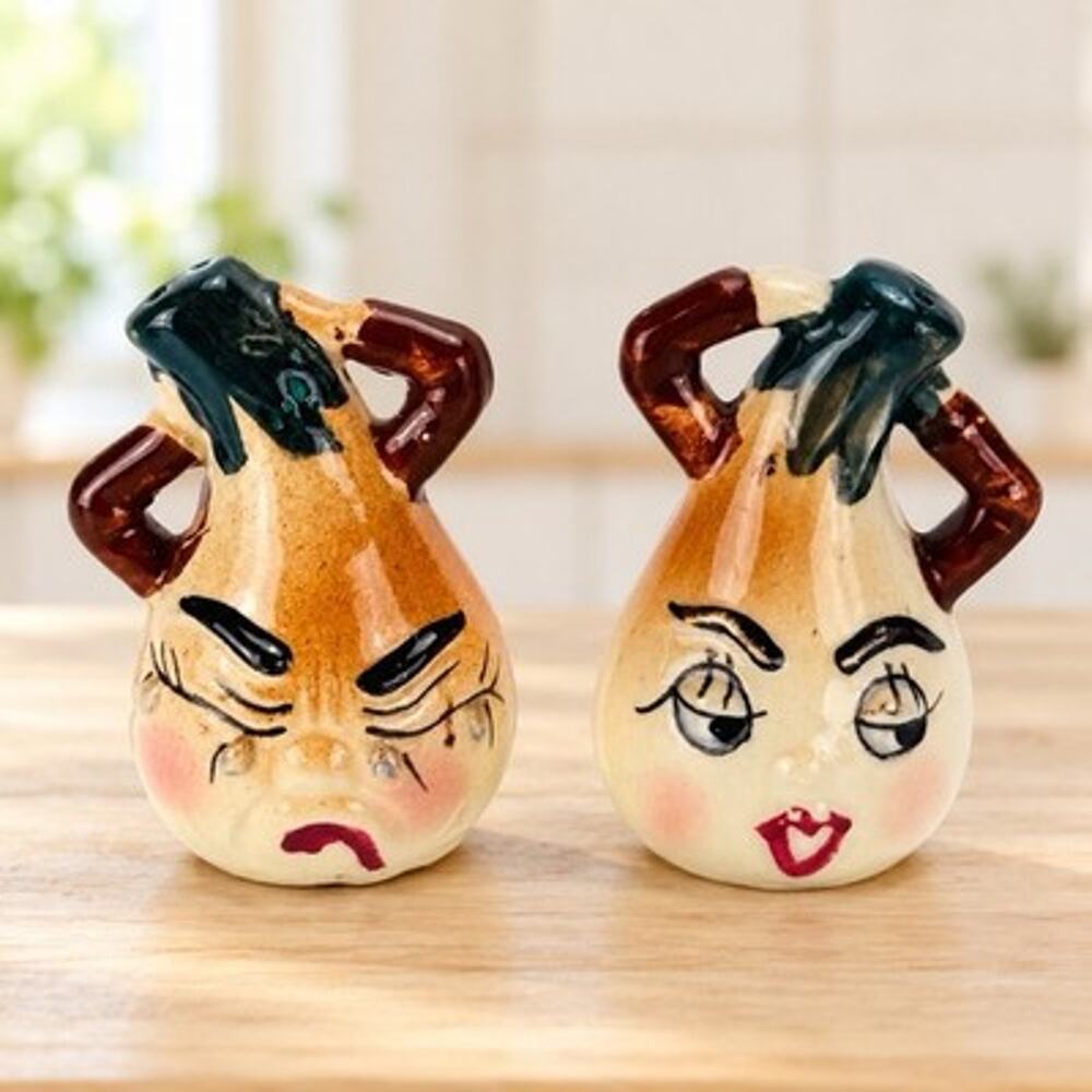 Vintage Anthropomorphic Onion Salt & Pepper Shakers Crying Smiling Ceramic Pair